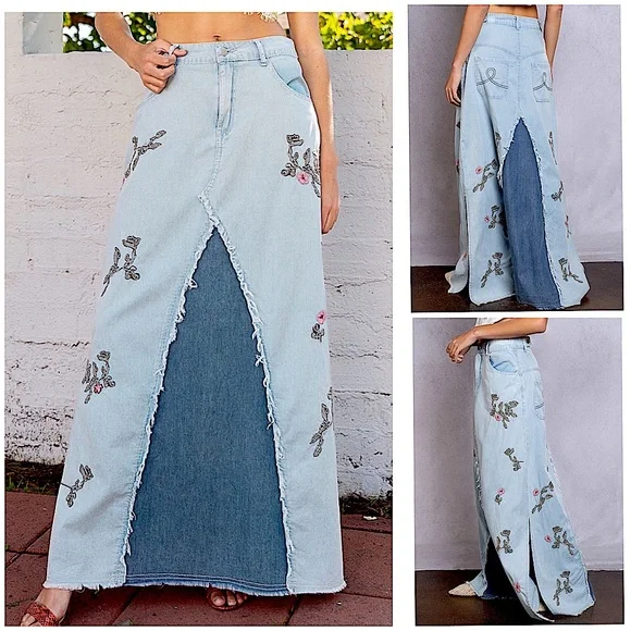 FLOWER CHILD Bohemian Long Denim Maxi Skirt - Picture 3 of 15